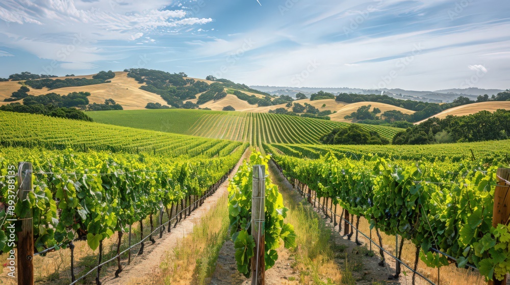 A vineyard under the summer sun, with rows of grapevines heavy with ripening fruit, set against rolling hills and a clear blue sky. A vineyard under the summer sun, with rows of grapevines heavy with ripening fruit, set against rolling hills and a clear blue sky.