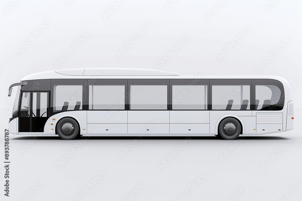 A sleek and modern 3D rendering of a large white bus, depicted in profile against a clean white background A sleek and modern 3D rendering of a large white bus, depicted in profile against a clean white background