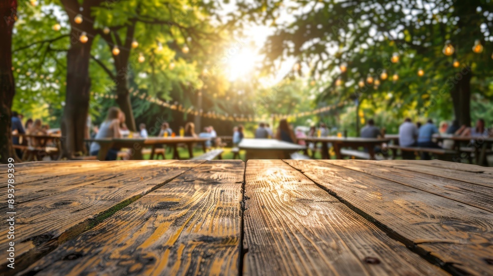 Weathered Wooden Tabletop With Blurred Background of People Sitting At Tables In A Garden Setting Weathered Wooden Tabletop With Blurred Background of People Sitting At Tables In A Garden Setting