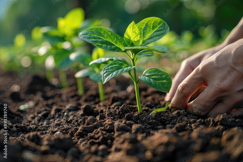 Close-up of a hand planting young seedlings in fertile soil, symbolizing growth and care in agriculture and gardening. Close-up of a hand planting young seedlings in fertile soil, symbolizing growth and care in agriculture and gardening.