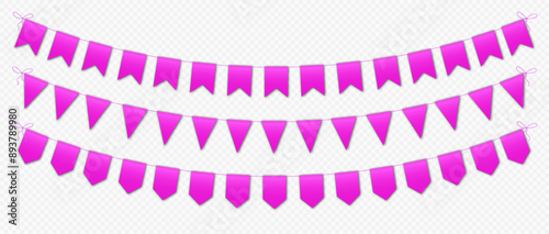 Pink bunting flags, carnival party flags, festive pennants hanging on a rope. Festival vector decoration.