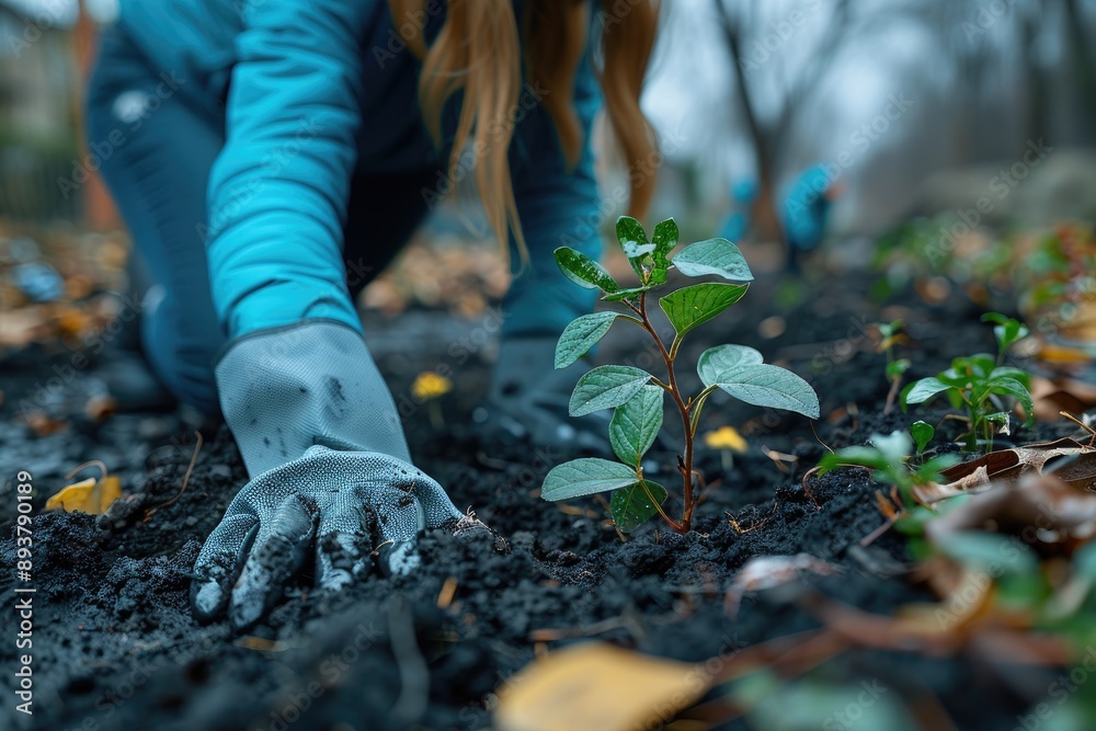 Obraz premium Person wearing gloves planting a young seedling in the soil, emphasizing outdoor gardening and nature conservation.