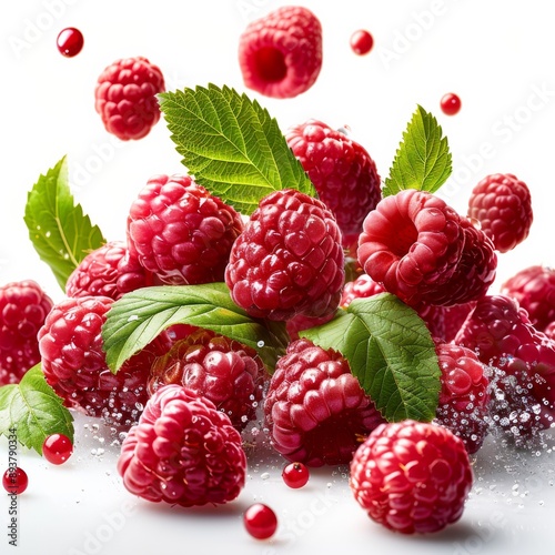 Raspberries and half slices suspended in the air, with green leaves, on a pure white background. Generative AI