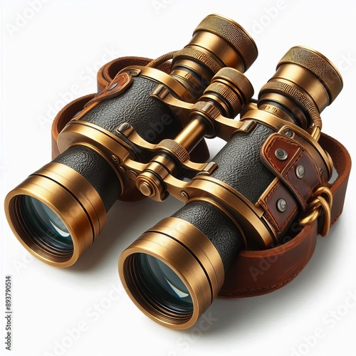 79 19. A pair of brass binoculars with a leather strap, isolated photo