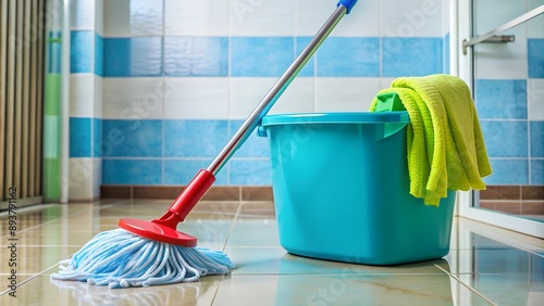 Mop and plastic bucket in bathroom. Cleaning floor