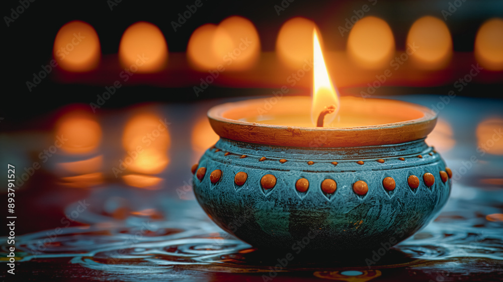 A small blue vase with a candle inside it A small blue vase with a candle inside it