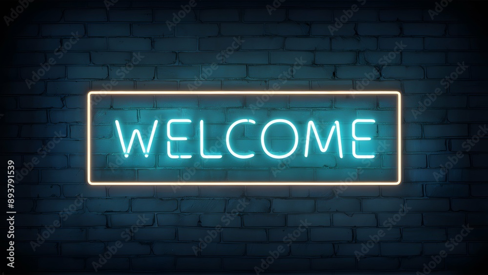A neon sign with the word 'WELCOME' illuminated in a vibrant blue color. The sign is encased in a rectangular frame and ispositioned against a dark brick wall background A neon sign with the word 'WELCOME' illuminated in a vibrant blue color. The sign is encased in a rectangular frame and ispositioned against a dark brick wall background