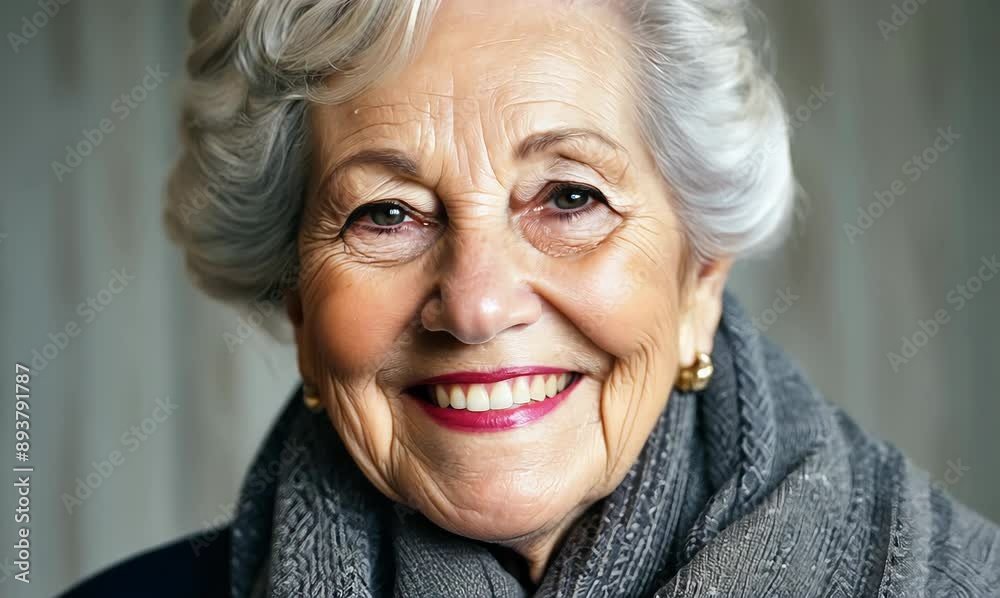 Portrait of a smiling senior woman with white hair and grey scarf Portrait of a smiling senior woman with white hair and grey scarf