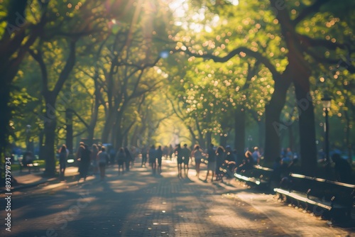Fototapeta Naklejka Na Ścianę i Meble -  A sunlit park with trees and people walking along the paths, central park new york city, bokeh effect, blurred background, sunlight filtering through leaves Generative AI