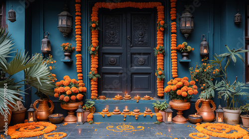 The front door of a house is decorated with orange flowers and lanterns photo