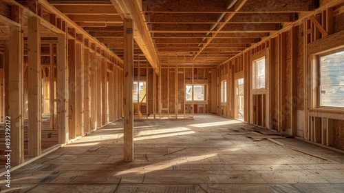 A glimpse into a house under construction showcasing the wooden frame and the light streaming through the windows © addymawy