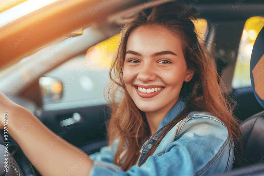 Close up of a happy female driver behind the wheel of her vehicle, cheerful and relaxed Close up of a happy female driver behind the wheel of her vehicle, cheerful and relaxed