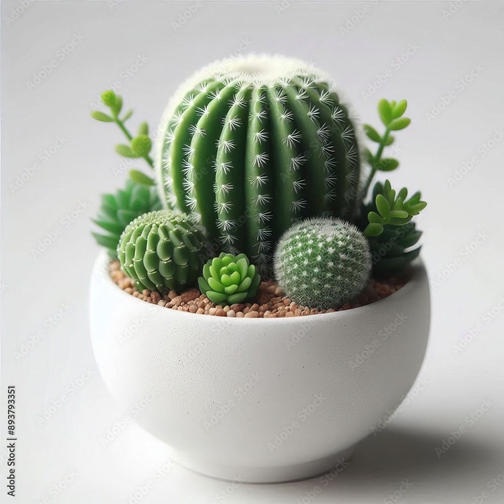 124 36. A small green cactus in a white pot, isolated on white b 124 36. A small green cactus in a white pot, isolated on white b