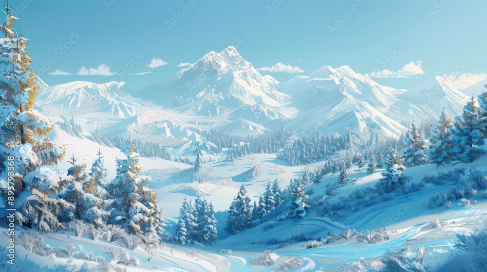 beauty of a snow-covered landscape, where pristine white blankets valleys and peaks under a clear winter sky beauty of a snow-covered landscape, where pristine white blankets valleys and peaks under a clear winter sky
