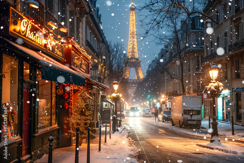 Fototapeta Naklejka Na Ścianę i Meble -  A street in Paris under the snow in winter