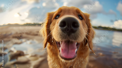 close up of nose golden retriver dog on beach in the water looking at his owner; portrait of cute golden lab doggy looking up
