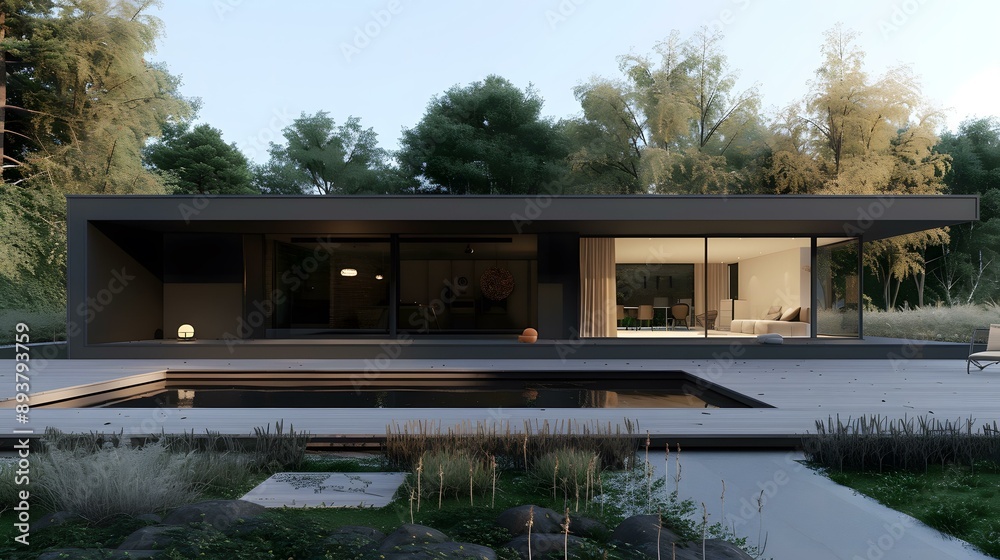 Modern Minimalist Black House with Swimming Pool and Garden