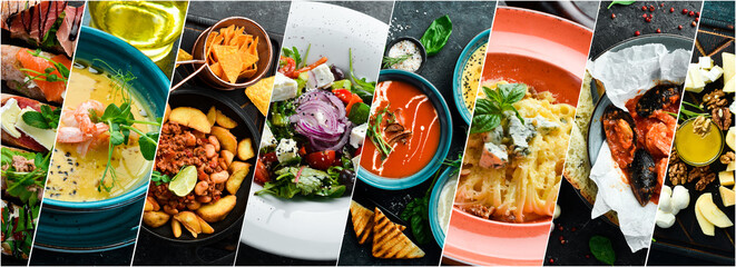Background of food and dishes of European cuisine. on a dark stone background. Photo collage, banner from photos.