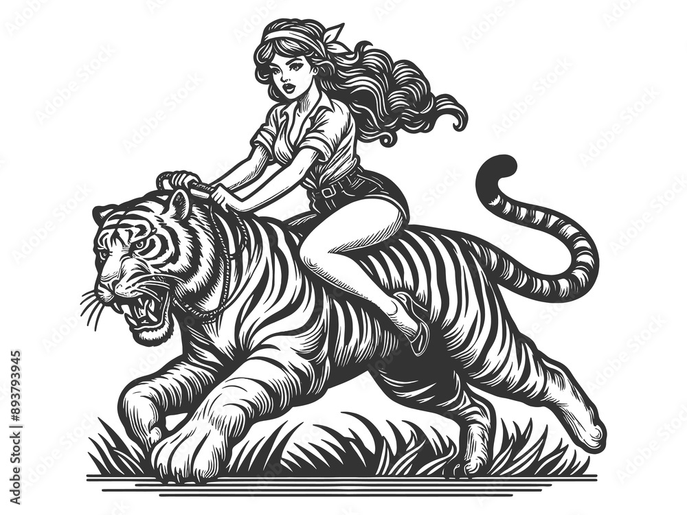 woman confidently riding a roaring tiger, symbolizing strength and ...