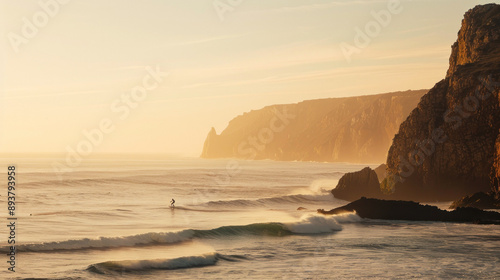 Surfer riding waves at golden sunset by the cliffs © Oksana