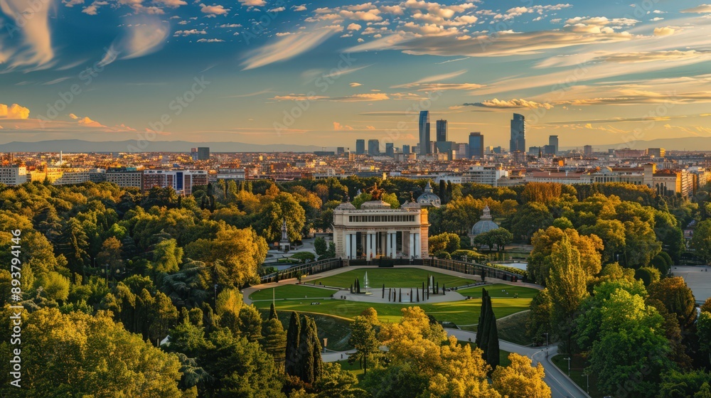 green spaces of Madrid, such as Retiro Park, seen sprawling beneath the skyline in an aerial panorama. green spaces of Madrid, such as Retiro Park, seen sprawling beneath the skyline in an aerial panorama.