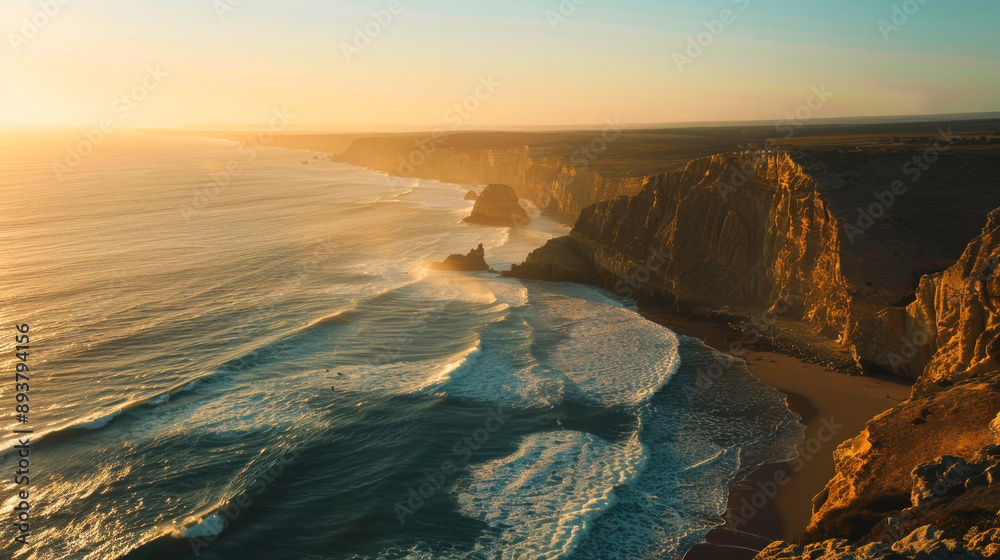 Golden hour coastal cliffs bathed in warm sunlight Golden hour coastal cliffs bathed in warm sunlight