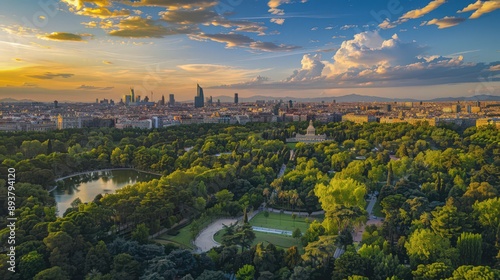 green spaces of Madrid, such as Retiro Park, seen sprawling beneath the skyline in an aerial panorama. photo
