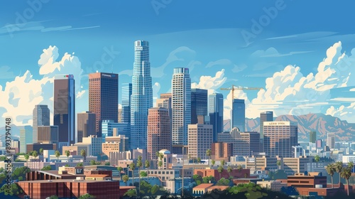 Illustrate the Los Angeles skyline with a focus on the downtown area, emphasizing the tallest buildings