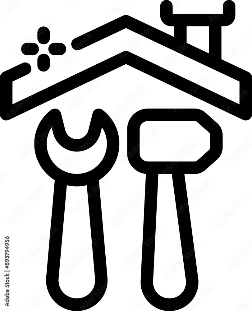 Obraz premium Line art icon of a wrench and hammer underneath the roof of a house, symbolizing home improvement