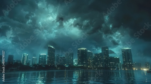 Illustrate the Miami skyline with a dramatic, stormy sky, adding a sense of urgency and power to the scene © Thirawat