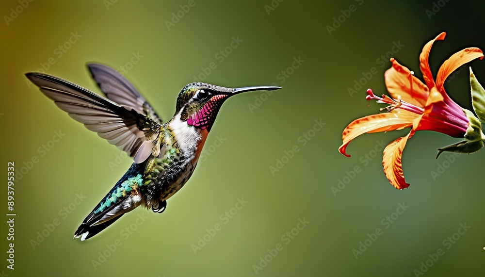 Fototapeta premium Hummingbird hovering over a flower with its wings spread wide.