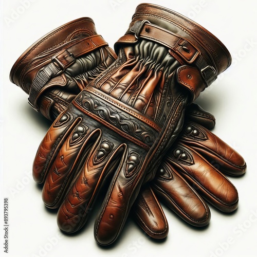 158 41. A pair of vintage leather gloves with intricate stitchin photo