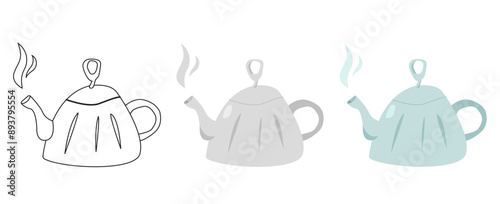 Hand drawn cartoon styled pot (teapot) with steam in three versions (variants): outline, shades of grey, color. Isolated on white background (backdrop). Drinks. Objects. Vector illustration.