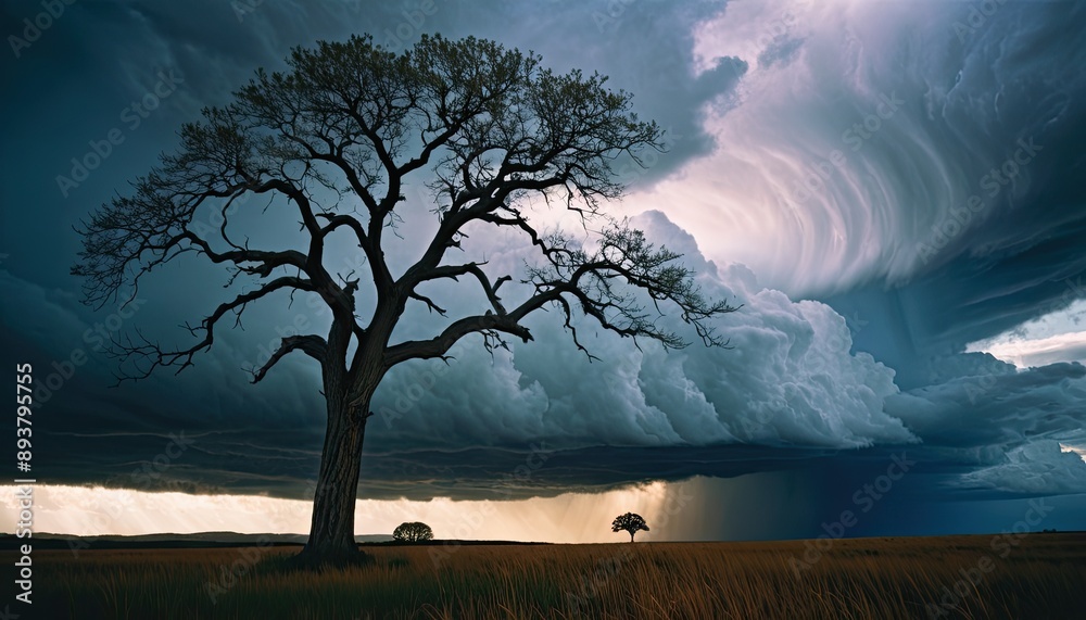 Fototapeta premium Cloudy Day Photograph with Tree and Fields