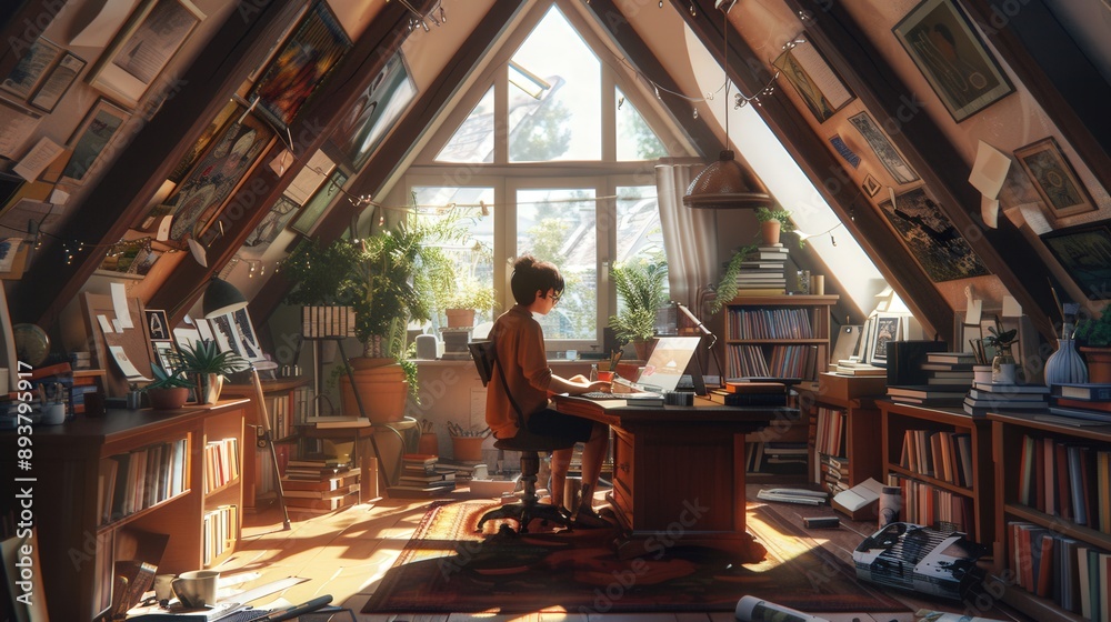 Naklejka premium A freelancer working on a creative project in a cozy attic studio, surrounded by books, art supplies, and natural light streaming through windows.