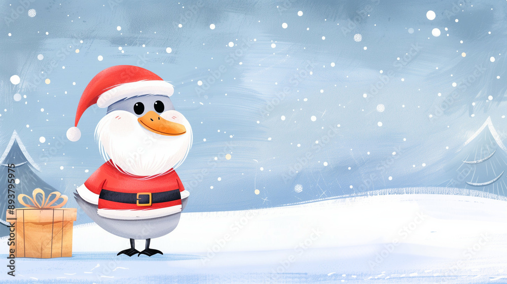 Animated Santa Character in a Winter Wonderland with Snowy Background and Christmas Gift. Cute and Festive Holiday Design Featuring Cartoon Bird in Santa Outfit Animated Santa Character in a Winter Wonderland with Snowy Background and Christmas Gift. Cute and Festive Holiday Design Featuring Cartoon Bird in Santa Outfit
