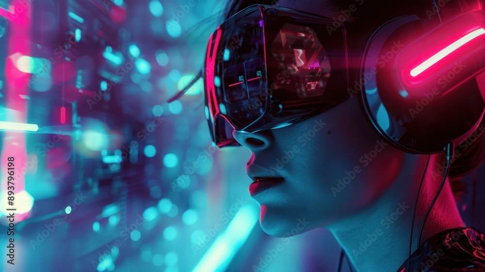 Futuristic gamer with neon headset in cyber environment Futuristic gamer with neon headset in cyber environment