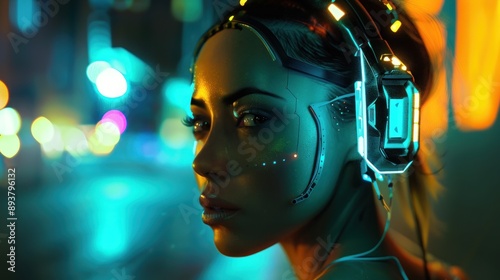 Robotic character with illuminated cyber headset and neon. photo