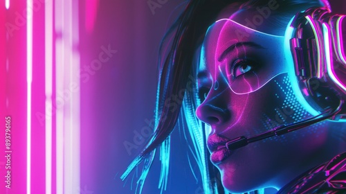 Futuristic figure with neon lights and cyber tech photo