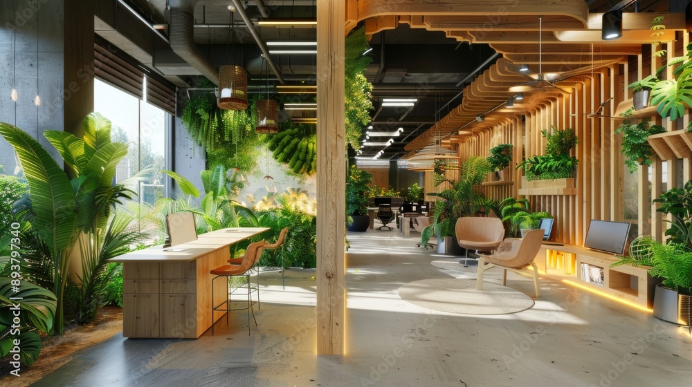 Nature-Inspired Office Interior with Extensive Green Plants and Sunlight Nature-Inspired Office Interior with Extensive Green Plants and Sunlight