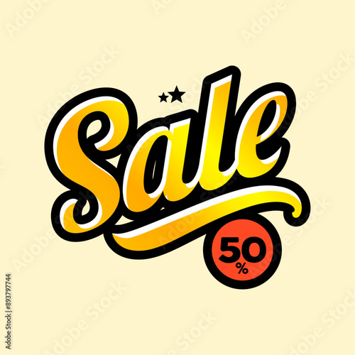 This vibrant sign displays the word "Sale" in bold, golden cursive text with a "50%" tag. The eye-catching design is ideal for promoting half-price discounts and special sale events in retail settings