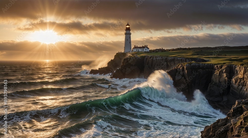 Coastal Lighthouse at Sunrise: Majestic Ocean Waves and Rocky Shoreline Coastal Lighthouse at Sunrise: Majestic Ocean Waves and Rocky Shoreline