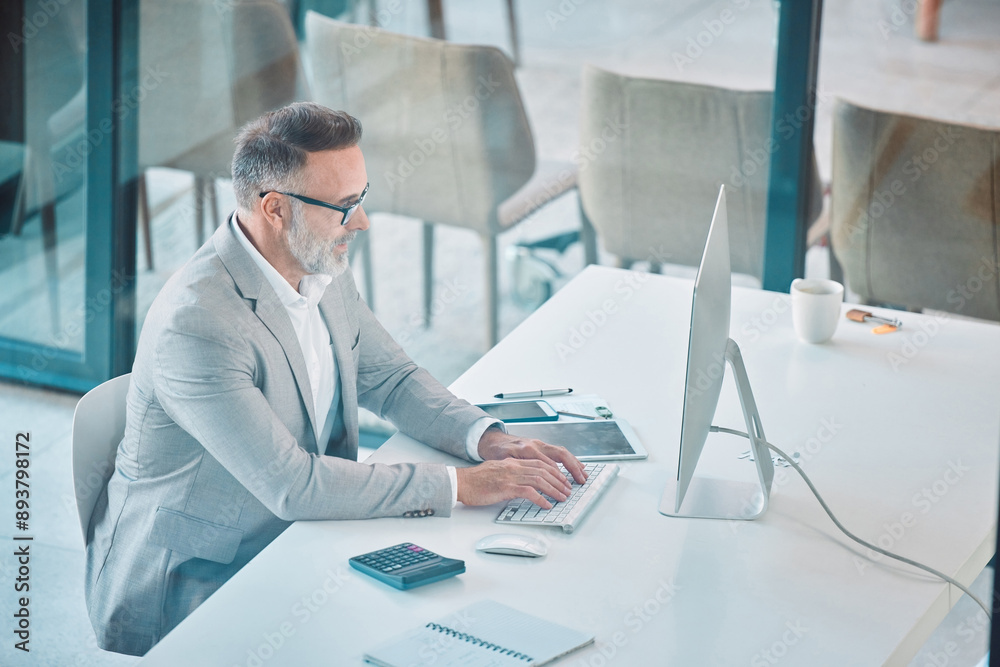 Finance, typing and mature man at computer with budget plan, research or business funding report. Tax advisor, risk management and businessman in office with calculator, online audit or sales review Finance, typing and mature man at computer with budget plan, research or business funding report. Tax advisor, risk management and businessman in office with calculator, online audit or sales review