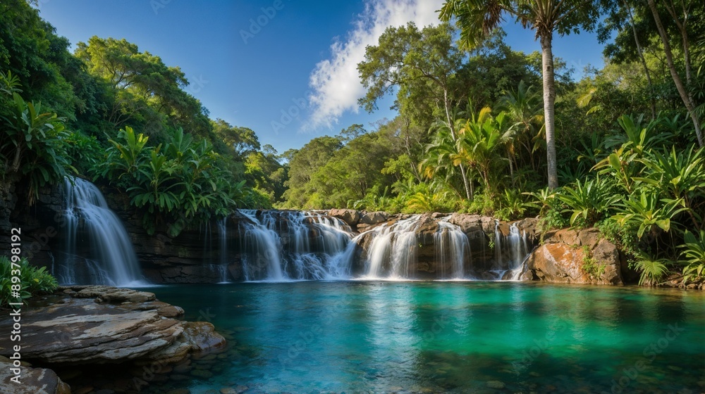 Obraz premium Serene Tropical Waterfall: Lush Greenery and Crystal Clear Waters