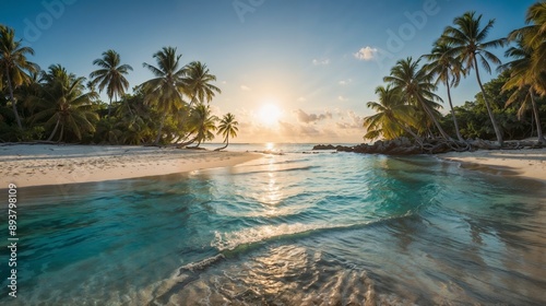 Tropical Beach Sunrise: Serene Ocean Waves and Palm Trees