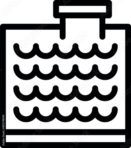 Simple black and white line art icon of a swimming pool with a springboard, perfect for representing summer activities