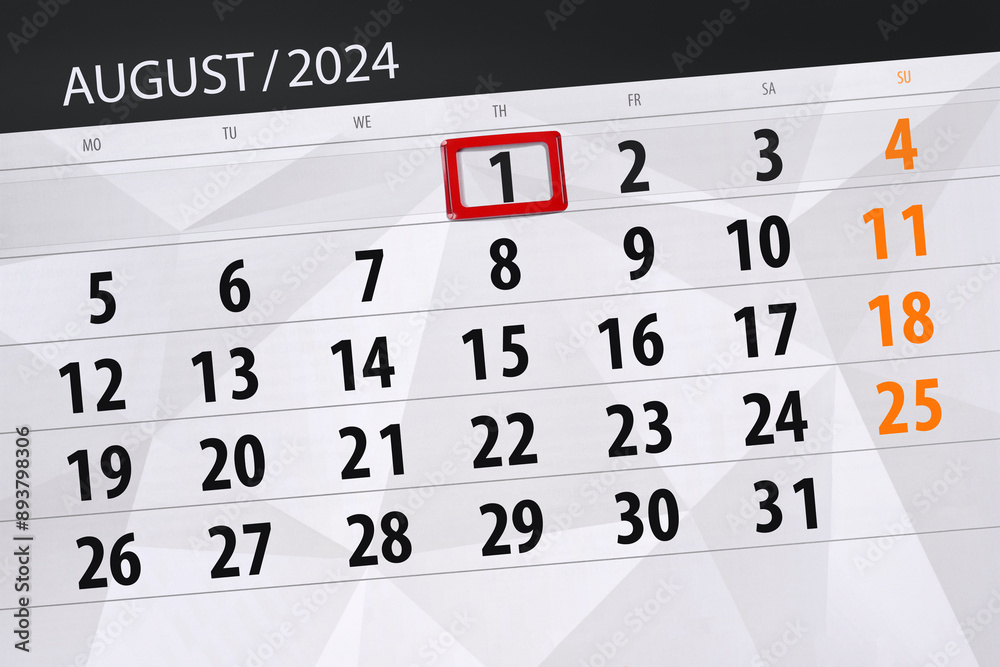 Fototapeta premium Calendar 2024, deadline, day, month, page, organizer, date, August, thursday, number 1