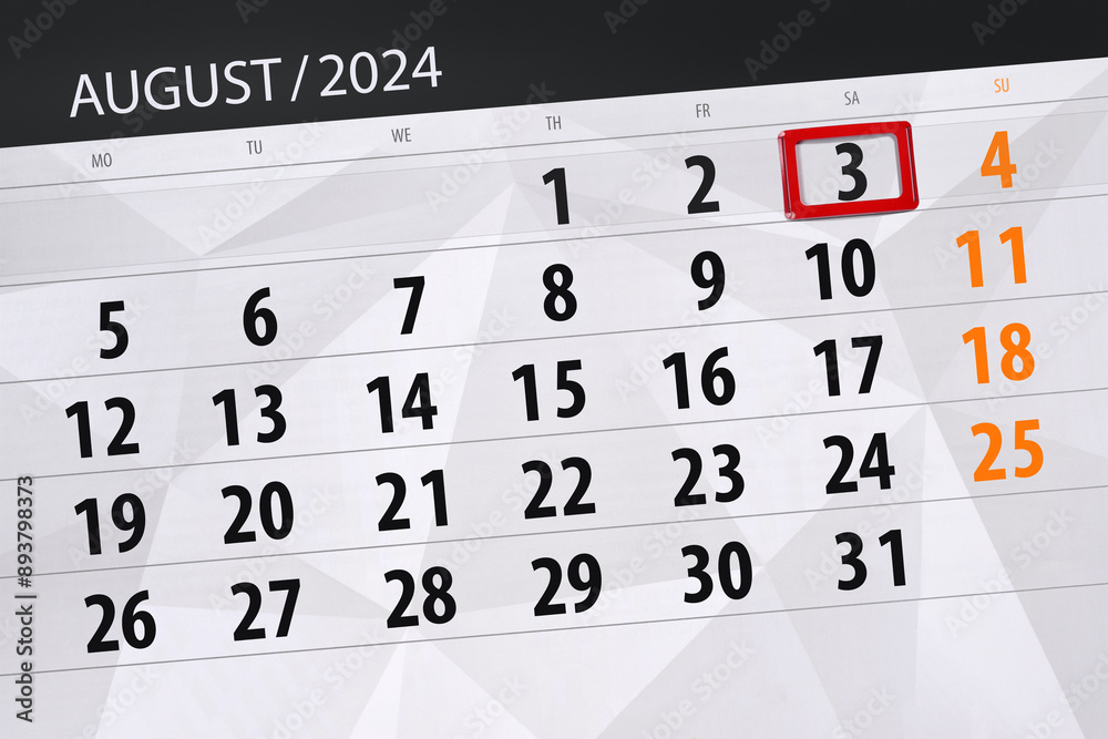 Fototapeta premium Calendar 2024, deadline, day, month, page, organizer, date, August, saturday, number 3