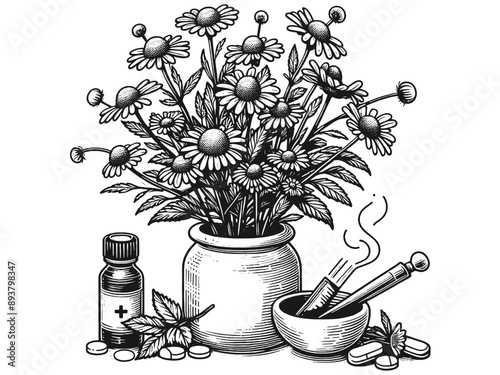 Medical chamomile in vase, pharmacological medicines based chamomile. Vintage style. Generative ai.