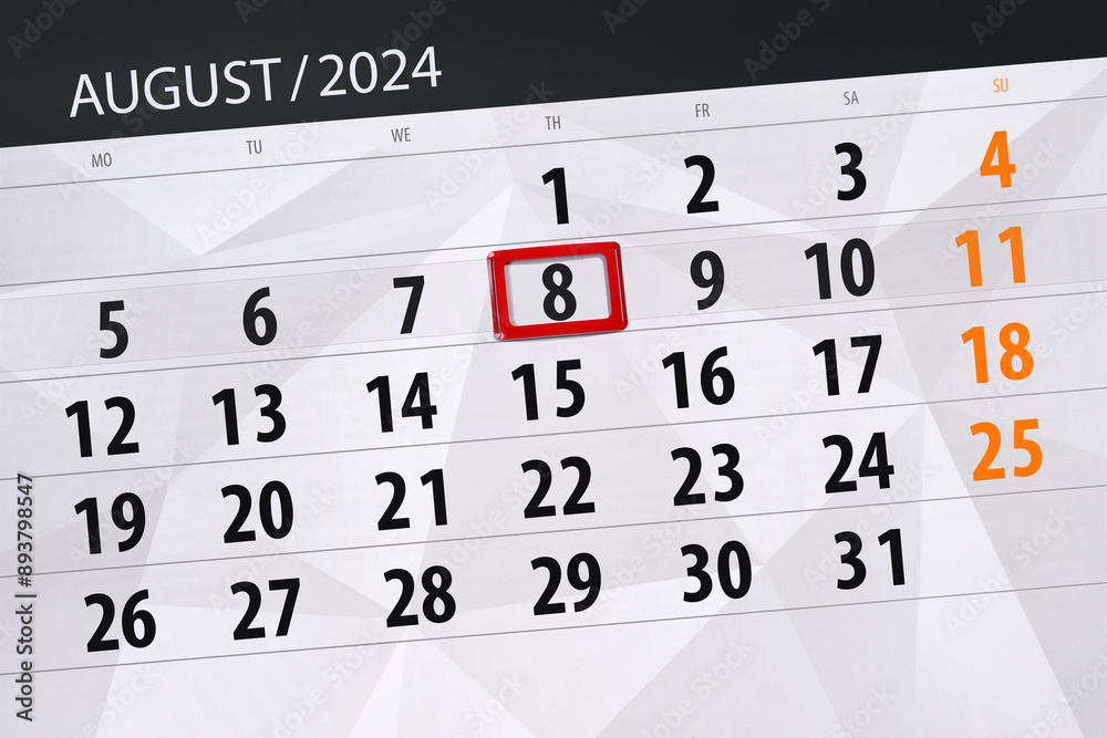 Fototapeta premium Calendar 2024, deadline, day, month, page, organizer, date, August, thursday, number 8